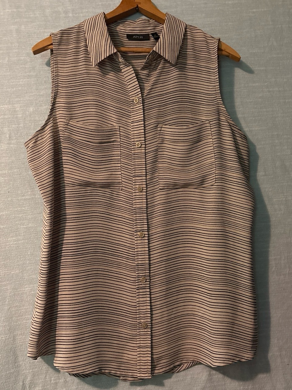 Apt. 9 Blouse Sleeveless Button Up Collared Tan/Black Striped Women’s Sz M